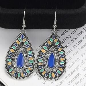 NEW Blue Multicolor Teardrop Earrings Silver Tone Alloy Drop Boho Ethnic